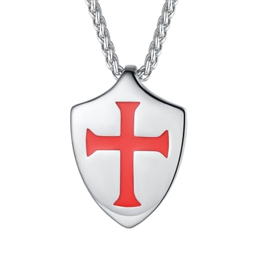 FaithHeart Knights Templar Necklace for Men, Christian Necklace for Men Stainless Steel Pendant Neckalces Christian Gifts with Gift Box 03. Shield-Silver