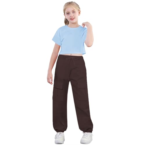 Image of Betusline Crop Tops for Girls, Blue Short Sleeve Crop Tops for Girls and Black Cargo Jogger Pants Outfits, 4-5T = Tag 120