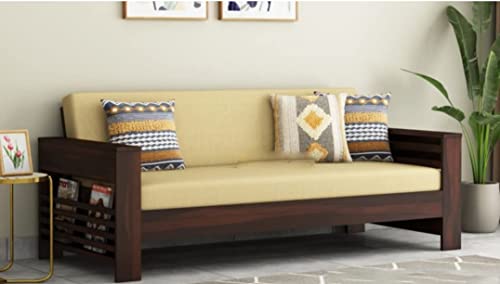Image of Solid Wooden Sofa Set 3 Seater Furniture, Wood 3 Seater Sofa Set, Teak Wood Furniture Sofa Set 3 Seater for Home Living Room with Cushions Wooden Sofa Set, Mahogany Finish