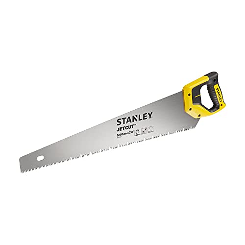 Stanley JetCut Gipskarton-Handsäge (550 mm Länge, 7 Zähne/Inch, Bi-Material Griff, 45°/90° Anschlag, Hardpoint, für Gpskartonplatten oder andere faserige Materialien) 2-20-037