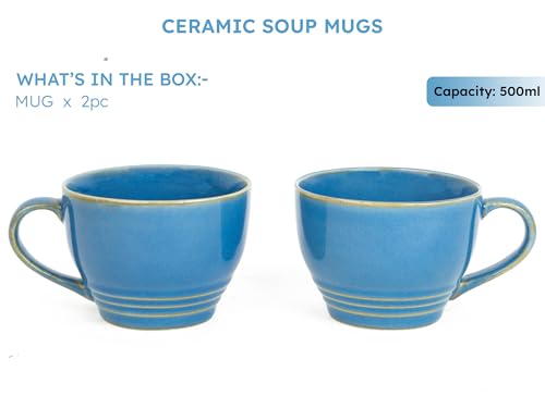 Image of Bodhi House Large Ceramic Coffee Mug | Microwave & Dishwasher Safe | Bone-Ash Free Cappuccino Mug | Multipurpose Foodgrade Latte Coffee Mug Ideal for Daily Use & Gifting (Pack of 2, 500ml | Mid Blue)