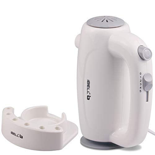 Image of iBELL Hand Mixer 300W, Beater /Blender /Electric Cream Maker for Cakes with Base, 5 Speed Control and 2 stainless Steel Beaters, 2 Dough Hooks (White)