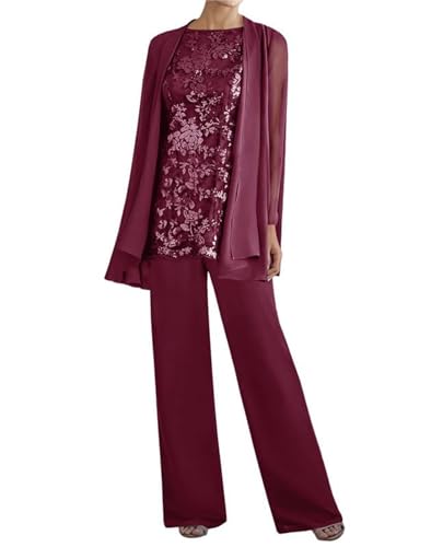 Image of 3 Pieces Mother of The Bride Dresses Pant Suits - Lace Chiffon Long Sleeve Grandmother Dresses with Jacket