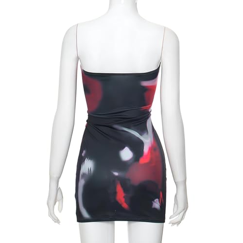 Image of Women's Sexy Bodycon Ruched Off Shoulder Mini Party Dress Tie Dye Floral Tube Strapless Backless Stretchy Club Short Dresses Red Small