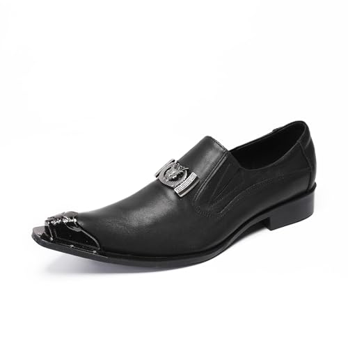 Men's Classic Business Formal Shoes Slip-On Loafers Leather Oxfords with Metal Toe Cap Dragon Buckle Detail Black Oxford Work Wedding Dress Shoes