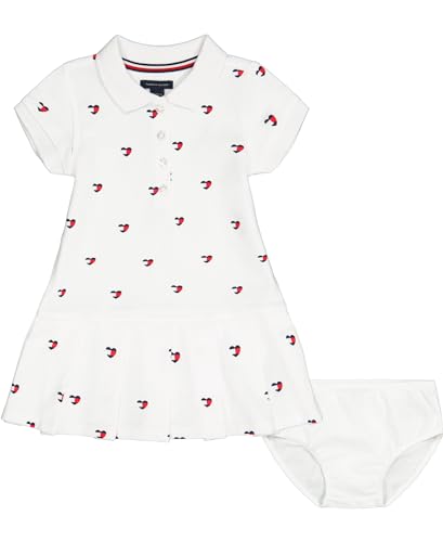 Tommy Hilfiger Vestido polo de manga curta para bebês meninas com flores combinando, Coração branco,