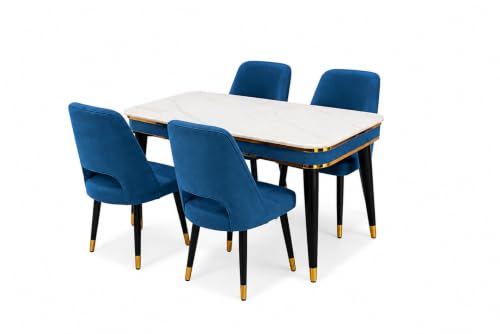 Image of WOODEN SPACE 4 Seater Wooden Dining Table Set | Urban Marble Top Dining Table with Chairs for Dining Room & Kitchen (Modern Vintage Blue) (54 x 36 x 30 inch)