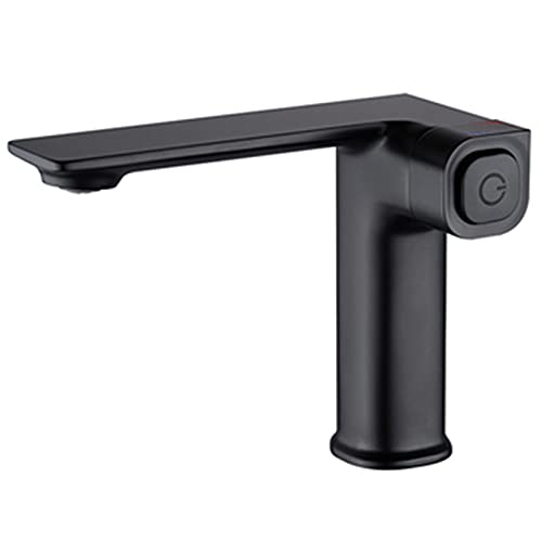 バスルーム温度メモリバスルームシンク蛇口、プッシュボタンスイッチ付き、シングルハンドル温冷洗面器ミキサータップ、ソリッドブラスクリエイティブ洗面化粧台蛇口、グレー、ショート(Black,Short)