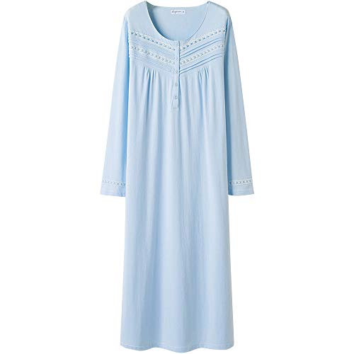 Keyocean Nightgown for Women 100% Cotton Long Sleeves Long Nightshirt Light Blue