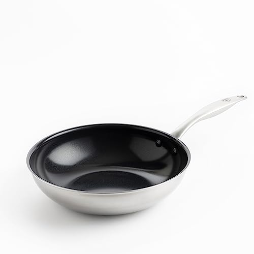 GreenChef Profile Plus Wok Antiadherente de Acero Inoxidable con Cerámica Saludable de 28 cm/3,6 l, Sin PFAS, Inducción, Resistente, Apto para horno hasta 200˚C, Plata & Interior Negro