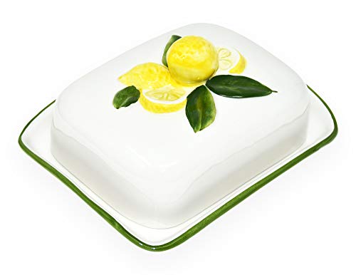 Lashuma Handgemachte Butterdose aus Italienischer Relief Keramik im Zitronendesign, Butterbox Größe 18x14 cm