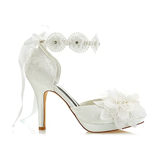 JIAJIA 3703L Women's Bridal Shoes Closed Toe 3.9" Stiletto Heel Lace Satin Platform Pumps Satin Flower Ribbon Tie Wedding Shoes3