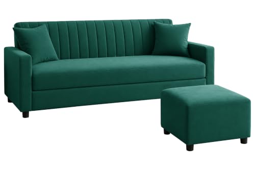 Image of 3 Seater Wooden Sofa Set with Ottoman for Living Room | Premium Velvet Fabric Wooden Frame | Modern Design | Comfortable Cushioned Sofafor Home, Office & Lounge | Green