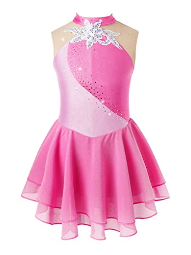 Vernlan Girls Sequins Ballet Figure Ice Skating Dress Kids Sleeveless Floral Printed Tutu Skirted Leotard Dance Costume Pink B 6 Years #TOP4