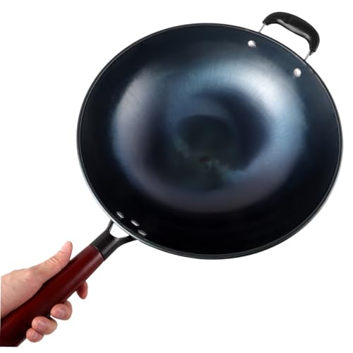 Wok tradicional de hierro con mango de madera y superficie antiadherente miniatura 5
