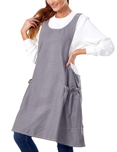 Image of Cozy Adjustable Cross Back Aprons for Women with Pockets Cotton Linen Cooking Kitchen Baking