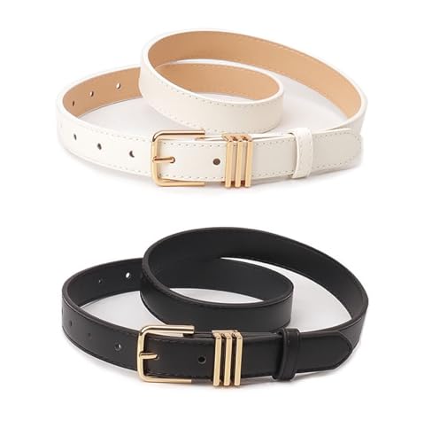 Women's Leather Belts 2 Pack - Skinny Belts for Jeans Dresses Pants, Ladies Waist Belts with Fashion Buckle, Black/Brown/Coffee2