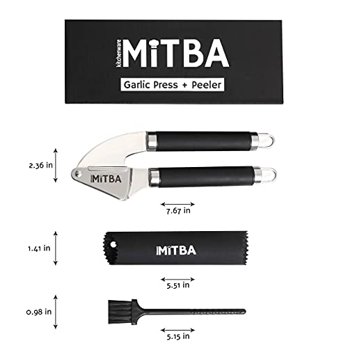MiTBA Garlic Press set- Professional Stainless Steel Mincer, User Friendly With Non-Slip Handles Easy To Clean, And Highly Durable. Crusher Silicone Tube Peeler & Cleaning Brush Included