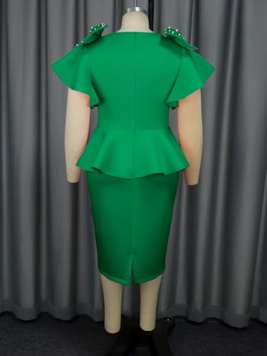 Image of ONTINVA Women's Plus Size Pencil Dress Bowtie Beaded Ruffle Flared Sleeves Wedding Guest Dress Wear to Work Dresses
