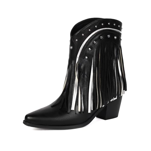 Image of Women's Western Ankle Booties Pointed Toe Cowgirl Boots with Fringe Tassels or Sparkly Rhinestone Fashion Short Boots for Casual Daily Wear