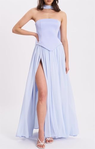 Elegant Strapless Formal Evening Gowns with Scraf Chiffon Pleated A-Line Long Slit Bridesmaid Dresses for Women3