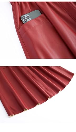 Women Leather Skirt Stretch Waist A-Line Loose Long Skirt with Pocket Casual Skirts4