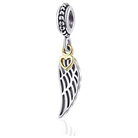 Sambaah Angel Wing Charm 925 Sterling Silver Wing Pendant Feather Charm Lucky Bracelets Charm with Rose Gold Heart Cover