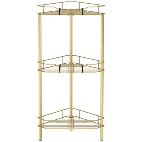 3 Tier Floor Standing Corner Shower Caddy Organizer Shelf with Hooks, Bathroom Shelves Stand Rack, Gold