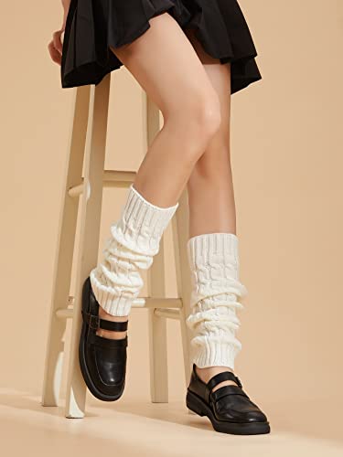 COZYEASE Women\'s Solid Cable Knit Leg Warmers Knitted Crochet Winter Socks White one-size - Thumbnail 3