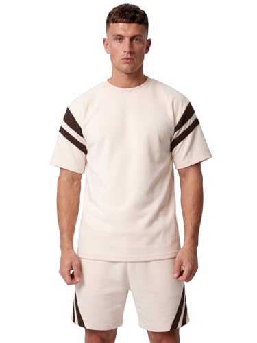 Image of CHKOKKO Men's Co-Ord Set Premium Cotton Blend Oversized T-Shirt & Shorts Cord Set with Side Pockets Round Neck Half Sleeves Solid with Contrasting Stripes Summer or Casual Wear