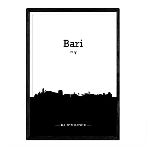 Nacnic Poster con Mapa de Bari - Italia. Láminas con Skyline de Ciudades de Italia con Sombra Negra. Tamaño A4