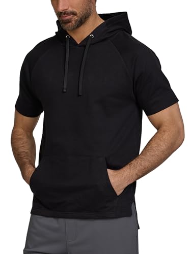 MODERN BASICS Short Sleeve Hoodie for Men Breathable Athletic Hooded T Shirts Mens Gym Workout Pullover Hoodies Black