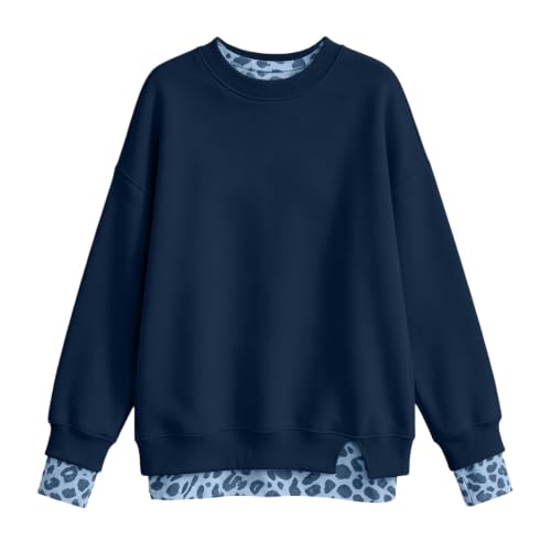 NEKSVTH Casual Shirts for Women Navy#4 L Oversized Y2K Faux Layered Crewneck Sweatshirt Pullover Fall Winter Casual Daliy Wear - image 4