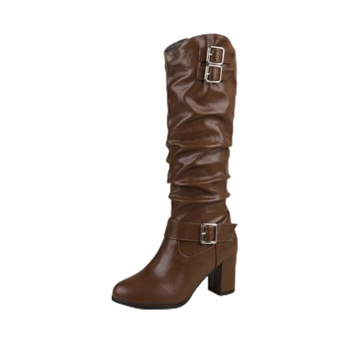 HQINGAXU Mujer Botas De Media Caña Punta Redonda Tacón Chunky Elegante Botas Altas Pliegues Plataforma Botas De Invierno Cálidas Botas Ecuestres Hebillas Cremallera Lateral Largas,Marrón,38 EU