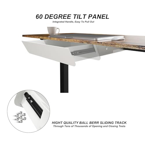 Image of White Under Desk Mounted Sliding Drawer with 60 Degree Tilt Panel to pull out, 15'' long & 9'' deep Large Storage Organizer for Sit Stand Workstation