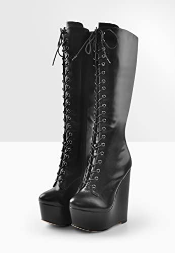 richealnini Women's Wedge Heel Knee High Boots with Lace Front Tie Up Wide Calf Booties3