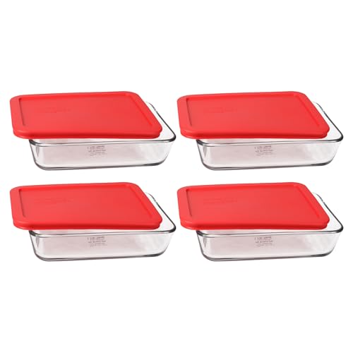 Pyrex 7210 3 Cup Glass Dish & 7210-PC Red Food Storage Replacement Lid (4-Pack) - Made in the USA