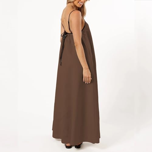Image of Senllen Women's Linen Dress Summer Loose Flowy Sundress Contrast Spaghetti Strap Sleeveless Backless Beach Maxi Long Dresses