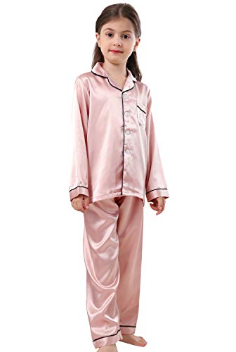 Image of Pajamas Kid Unisex Pjs Set Girls Boys Silk Pajamas Set Satin Long Sleeve 2 Piece Clasic Sleepwear for 2-12 Years Todder