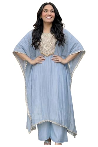 Image of GoSriKi Fendy Glass Embroidered A-Line Kurta with Palazzo for Women | Fendy Glass Grey | Kaftan Sleeve | Round Neck | Ethnic Wear Casual Wear