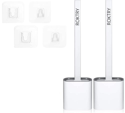 Image of ROKTRY 2 Pack Toilet Brushes & Holders Silicone Soft Bristles Flexible Toilet Brush Set, Non-drip Bathroom Cleaning Brush Holder, Non Slip Handle Hygienic Rubber Toilet Brush Silicone (2 Pack, White)