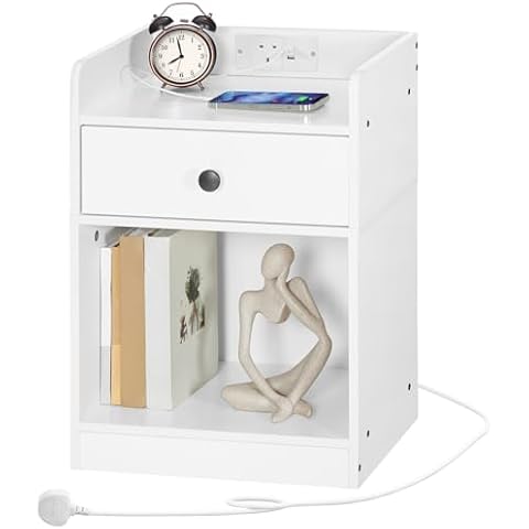 HOOBRO White Bedside Table with Charging Station Cover