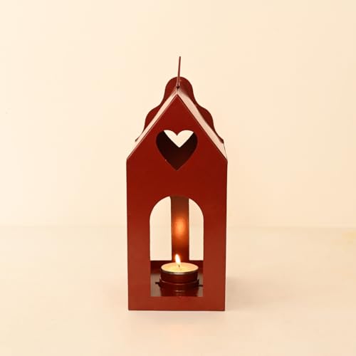 Image of MARKET 99 Hanging T-Lite Holder Hut Metal Red Matte Finish - Xmas & Christmas Home Decor Candle Holder, Festive Hanging Lantern for Living Room, Bedroom, Patio, Outdoor & Holiday Decorations