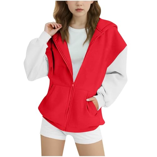 Girls Casual Hoodies Color Block Zip Up Cute Pullover Tops Pockets Hooded Fashion Sweatshirt for 4-15 Years