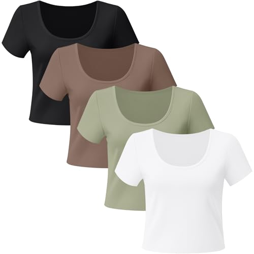4 Pack Women Scoop Neck Short Sleeve T Shirts Cotton Basic Crop Tops Slim Fitted Gym Sports Shirts for Women3