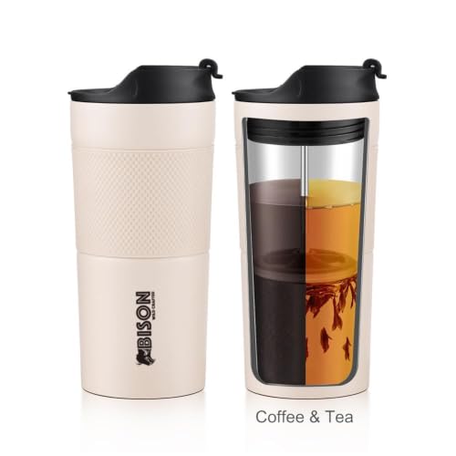 Image of Travel French Press Coffee Maker Cum Travel Coffee Mug With Sipper Lid, Vacuum Insulated coffee mug Stainless Steel, 450 Ml, Beige