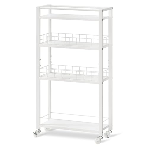 HOOBRO Carro de Cocina con 4 Estantes, Carrito con Ruedas Estrecho, Carro Multiservicio con Ruedas y Cestas para Cocina, Baño, Comedor, Lavadero, Blanco EWW17TC01