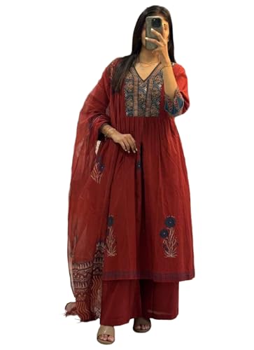 Image of ANNI Designer Women Printed Gathered Kurta Palazzo Dupatta Set Viscose Blend Kurti Suit Ladies Ethnic Wear for Festive Office Casual Use