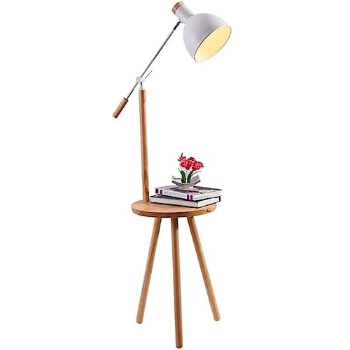 Lámpara de pie con trípode ajustable con puerto USB e interruptor de pedal, luz de pie de madera con bandeja para dormitorio, sala de estar y lectura, diseño blanco moderno