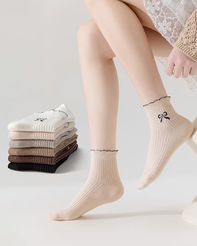 Women's Cotton Ankle Socks,Casual Knit,Ruffle Edge,Cute Fashion Embroidery Bow Pattern, Dress Socks for Girls 6 Pack(Size 5-9)4